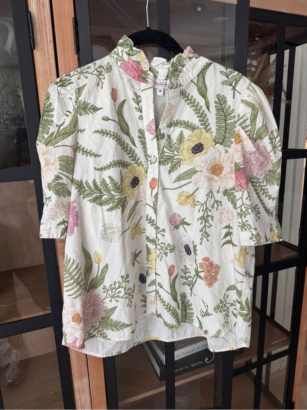 Avara Ruffle Collar Floral Blouse botanical short puff sleeve top cotton buttons